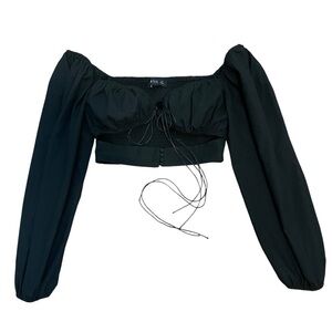 Lioness Crop Top Bra Blouse M Black Sexy Tie front Long Balloon Sleeve